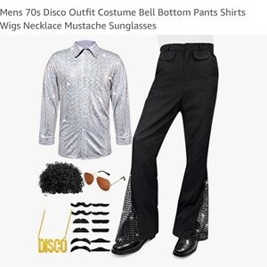 Mens Disco Halloween Costume NEW  70's Pants Shirt Mustache Necklace Complete XL